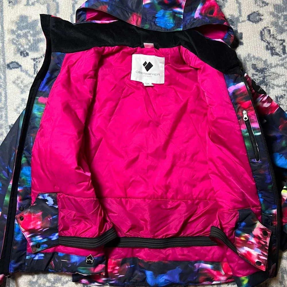 Obermeyer Teen Girls L 14-16 Ski Jacket Floral Multi Color Insulated Hooded Pink